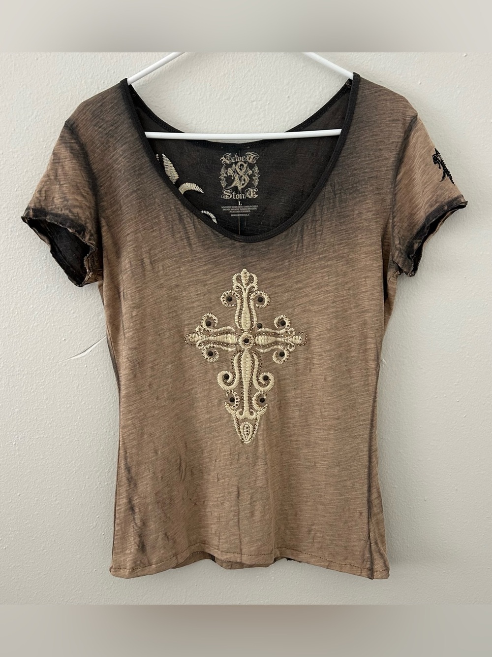 Y2K Velvet Stone Embroidered Studded Cross Shirt Womens L Rhinestone Embellished
